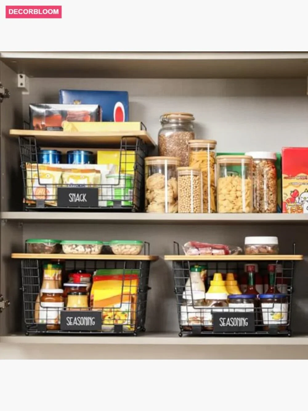 2 Pack Stackable Wire Basket with Bamboo Tops for Pantry Kitchen Organizer